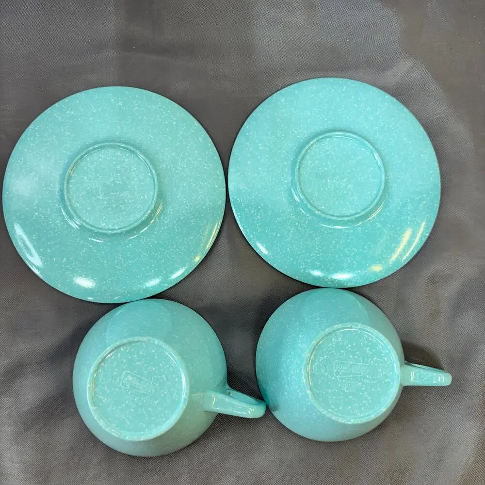 Texas Ware Melamine Cup W/ Saucer Set of 2 Turquoise Blue W/ White Speckles